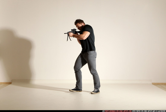 Man Adult Muscular White Fighting with submachine gun Moving poses Casual