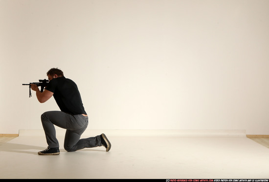 Man Adult Muscular White Fighting with submachine gun Moving poses Casual