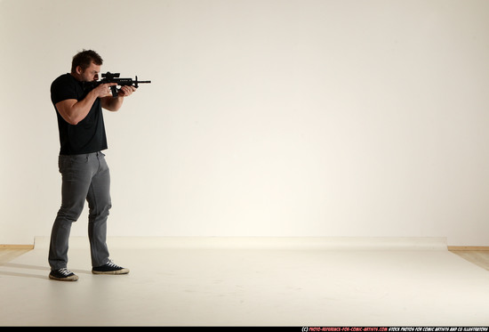 Man Adult Muscular White Fighting with submachine gun Moving poses Casual