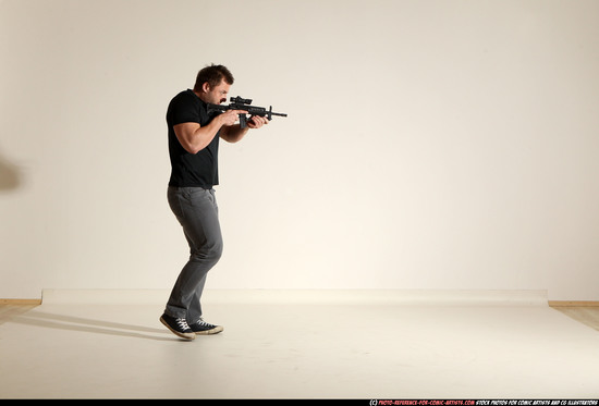 Man Adult Muscular White Fighting with submachine gun Moving poses Casual