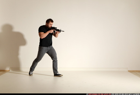 Man Adult Muscular White Fighting with submachine gun Moving poses Casual