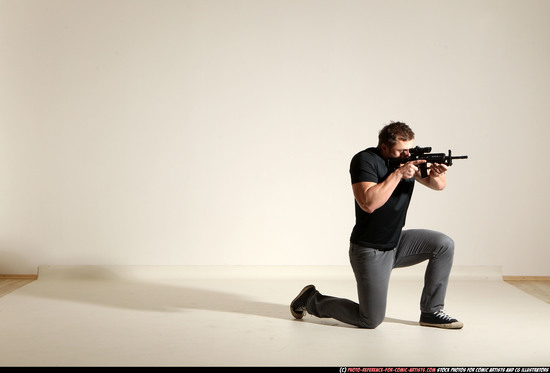 Man Adult Muscular White Fighting with submachine gun Moving poses Casual