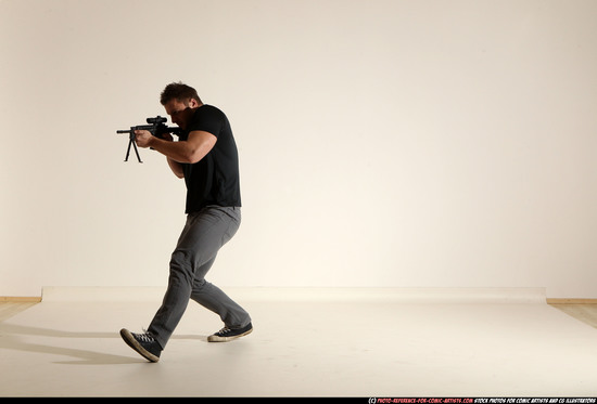 Man Adult Muscular White Fighting with submachine gun Moving poses Casual