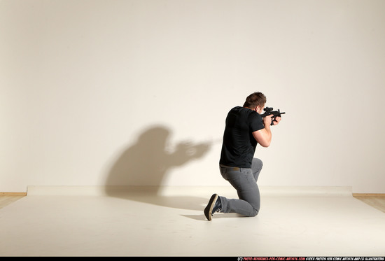 Man Adult Muscular White Fighting with submachine gun Moving poses Casual