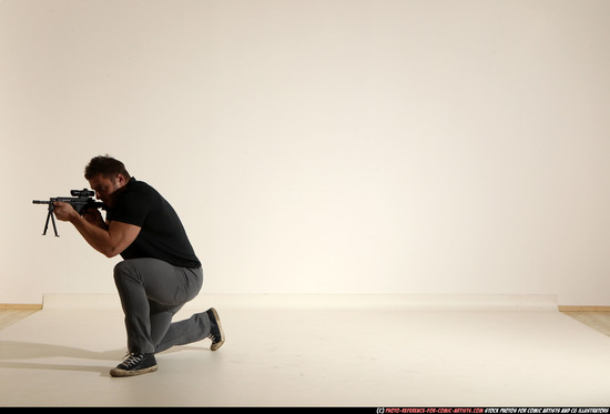 Man Adult Muscular White Fighting with submachine gun Moving poses Casual