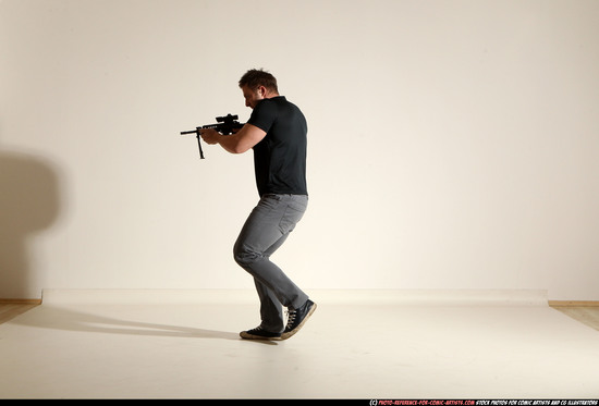 Man Adult Muscular White Fighting with submachine gun Moving poses Casual