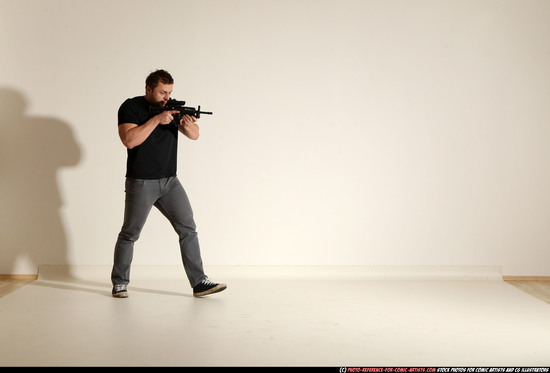 Man Adult Muscular White Fighting with submachine gun Moving poses Casual