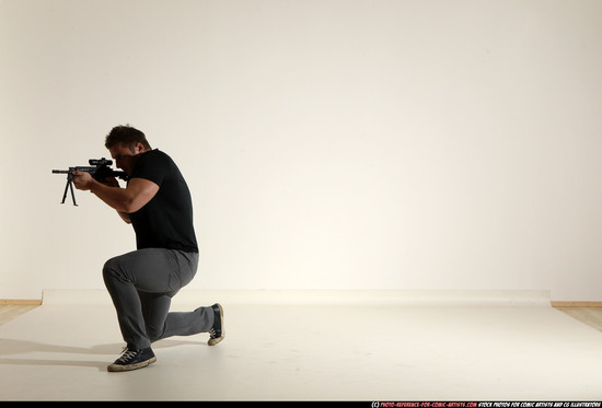 Man Adult Muscular White Fighting with submachine gun Moving poses Casual