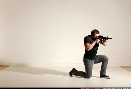 Man Adult Muscular White Fighting with submachine gun Moving poses Casual