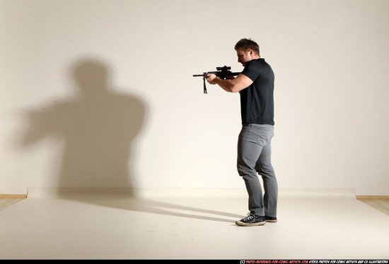 Man Adult Muscular White Fighting with submachine gun Moving poses Casual