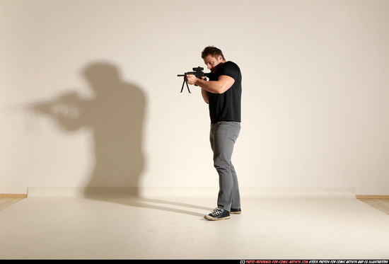 Man Adult Muscular White Fighting with submachine gun Moving poses Casual