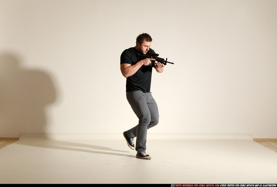 Man Adult Muscular White Fighting with submachine gun Moving poses Casual