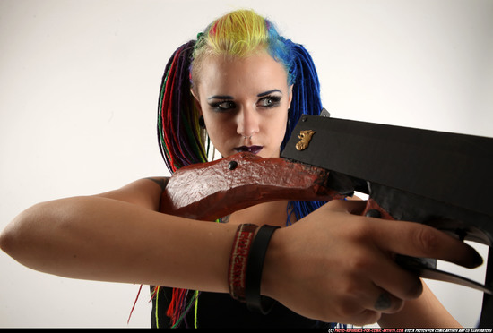 Woman Young Average White Fighting with submachine gun Standing poses Casual