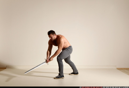 Man Adult Muscular White Fighting with sword Moving poses Pants