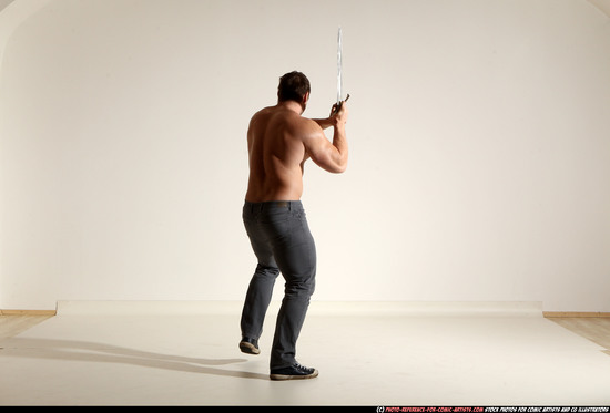 Man Adult Muscular White Fighting with sword Moving poses Pants