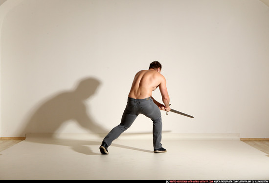 Man Adult Muscular White Fighting with sword Moving poses Pants