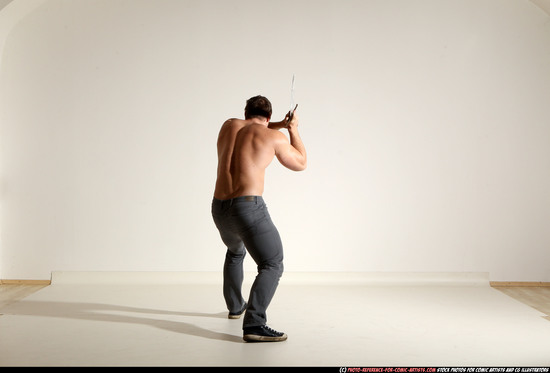 Man Adult Muscular White Fighting with sword Moving poses Pants