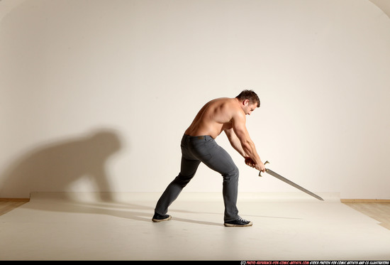 Man Adult Muscular White Fighting with sword Moving poses Pants