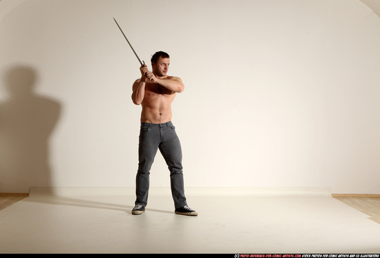 Man Adult Muscular White Fighting with sword Moving poses Pants