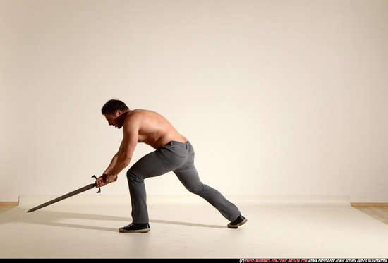 Man Adult Muscular White Fighting with sword Moving poses Pants