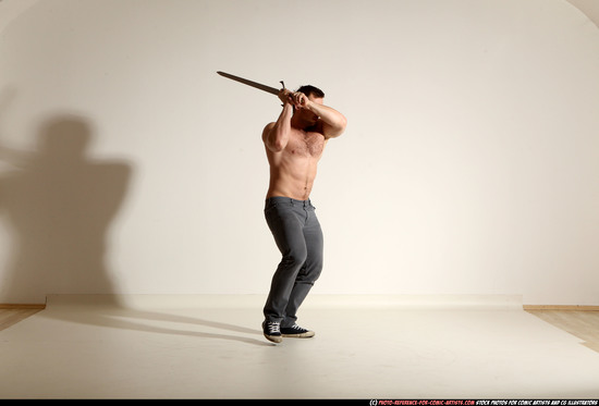 Man Adult Muscular White Fighting with sword Moving poses Pants