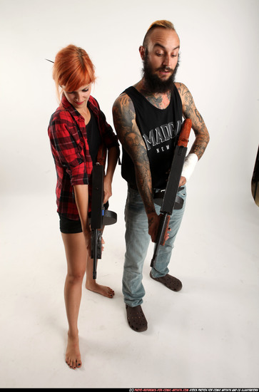 Man & Woman Adult Athletic White Fighting with submachine gun Standing poses Casual