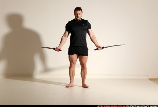 Man Adult Muscular White Fighting with sword Moving poses Sportswear