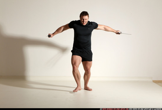 Man Adult Muscular White Fighting with sword Moving poses Sportswear