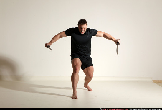 Man Adult Muscular White Fighting with sword Moving poses Sportswear