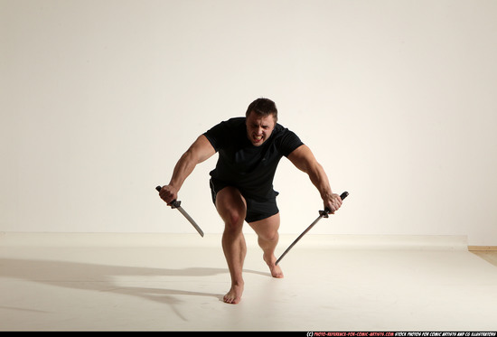 Man Adult Muscular White Fighting with sword Moving poses Sportswear