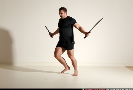 Man Adult Muscular White Fighting with sword Moving poses Sportswear