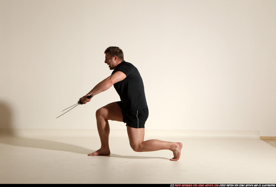 Man Adult Muscular White Fighting with sword Moving poses Sportswear