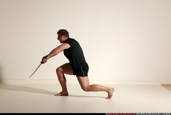 Man Adult Muscular White Fighting with sword Moving poses Sportswear