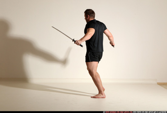 Man Adult Muscular White Fighting with sword Moving poses Sportswear