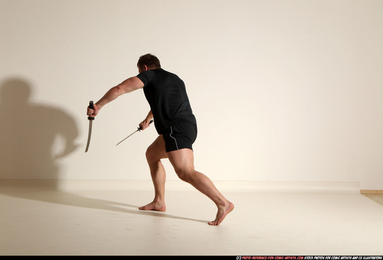 Man Adult Muscular White Fighting with sword Moving poses Sportswear