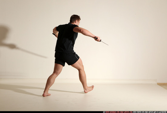 Man Adult Muscular White Fighting with sword Moving poses Sportswear