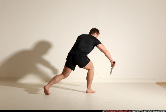 Man Adult Muscular White Fighting with sword Moving poses Sportswear