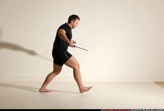 Man Adult Muscular White Fighting with sword Moving poses Sportswear