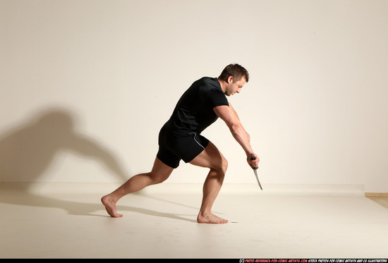 Man Adult Muscular White Fighting with sword Moving poses Sportswear