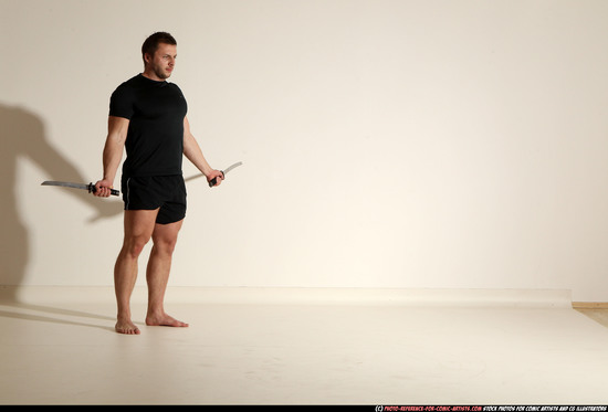 Man Adult Muscular White Fighting with sword Moving poses Sportswear