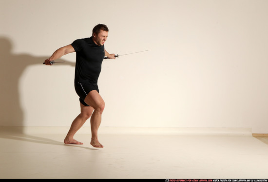 Man Adult Muscular White Fighting with sword Moving poses Sportswear