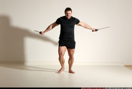 Man Adult Muscular White Fighting with sword Moving poses Sportswear