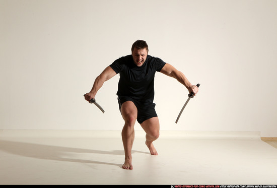 Man Adult Muscular White Fighting with sword Moving poses Sportswear