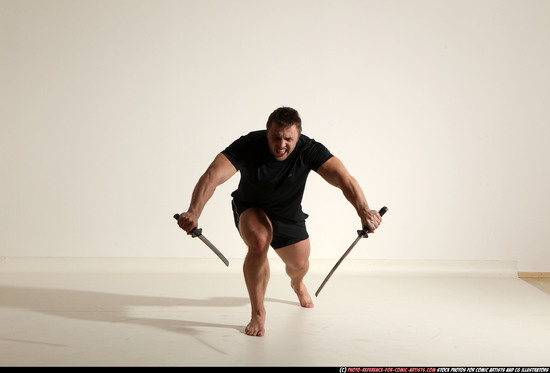 Man Adult Muscular White Fighting with sword Moving poses Sportswear