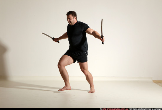 Man Adult Muscular White Fighting with sword Moving poses Sportswear