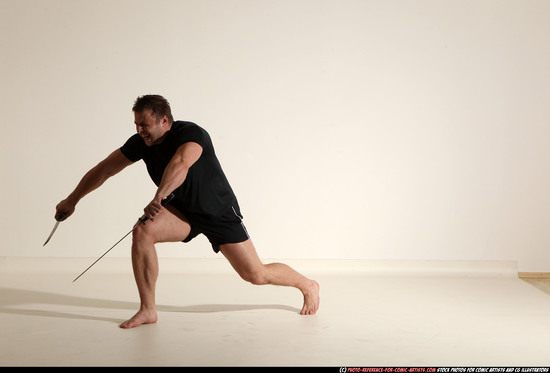 Man Adult Muscular White Fighting with sword Moving poses Sportswear