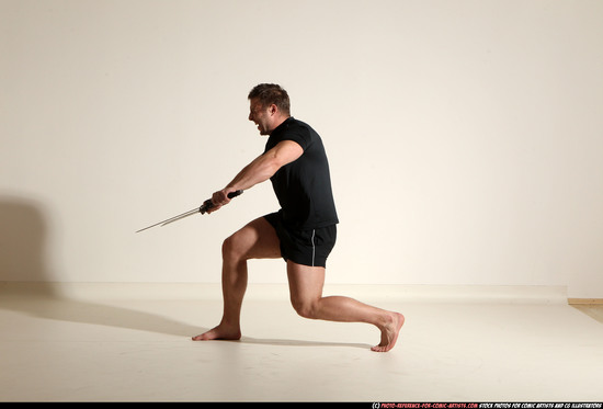 Man Adult Muscular White Fighting with sword Moving poses Sportswear