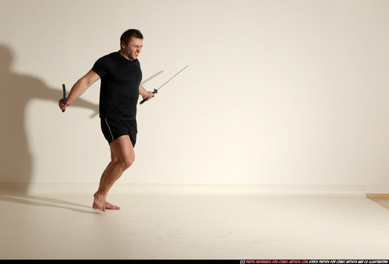 Man Adult Muscular White Fighting with sword Moving poses Sportswear