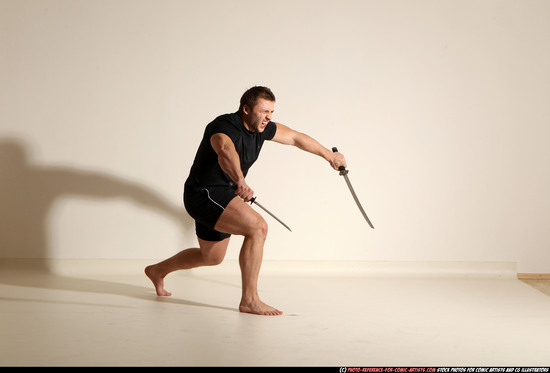 Man Adult Muscular White Fighting with sword Moving poses Sportswear