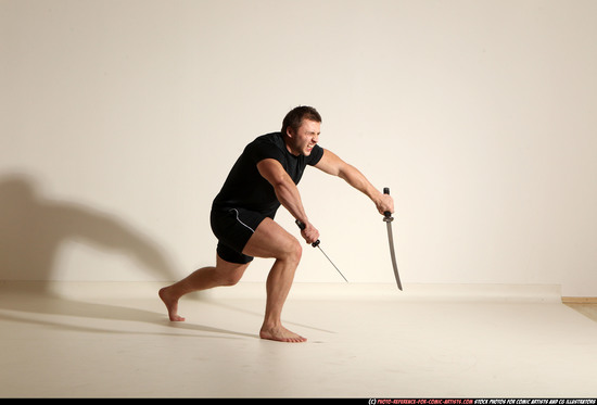 Man Adult Muscular White Fighting with sword Moving poses Sportswear